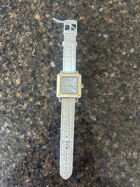 Anne Klein Silver Tone Square Watch with White Leather Strap